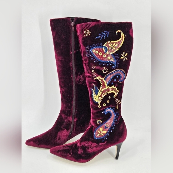 DG2 by Diane Gilman Tall Boots Women 7.5 Velvet Embroidered Bedazzled Zip Up - Picture 1 of 12